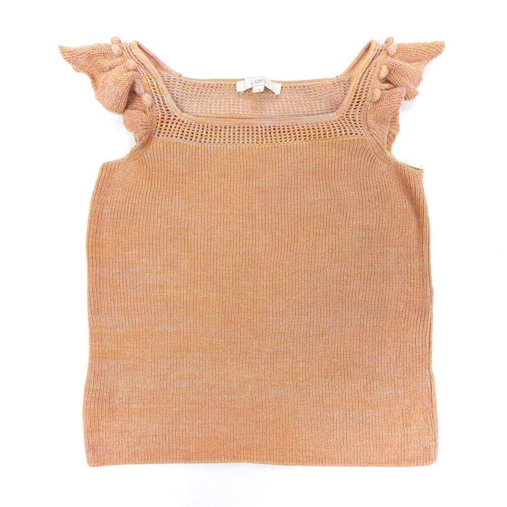 NEW Loft Marled Bobble Sweater Tank Square Neck Knit Top Medium Orange Pom Pom
